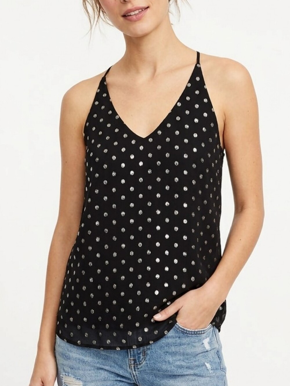 NWT Loft Black Racerback Tank Top With Gold Polka Dots